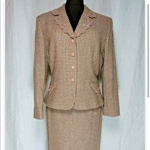 Tahari Wool Silk Pink Brown Check Skirt Suit Lace Trim Lined Back Zip Size 10